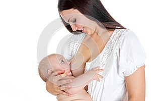 Happy Mother breast feeding her baby isolated on white