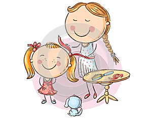 Happy mother combing her daughter's hair, cartoon graphics