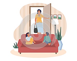Happy mother coming back home from work, kids waiting for her sitting on sofa, flat vector illustration. Homecoming. photo