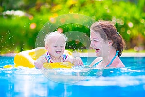 Happy mother and cute baby in swiming pool
