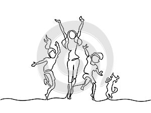 Happy mother dancing with children and dog