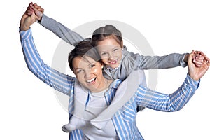 Happy mother with daughter having fun on white background photo