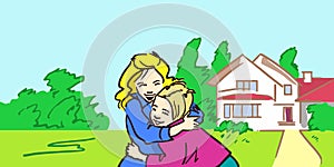 Happy mother and daughter is hugging outdoor near their house