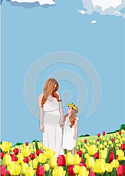 Happy mother and daughter on a spring afternoon among a field of tulips