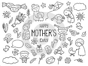 Happy Mother Day black white vector clipart. Mom and child outlined icon. Childish doodles with happy children