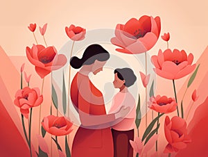 Happy mother day card. Cute Mom and child. Flowers background.