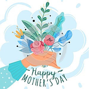 Happy mother day card, Hand hold spring bouquet. Postcard design. Square poster for social media. Greeting and