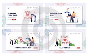 Happy Mother Day Landing Page Template Set. Tiny Child Character Writing Love Mom on Page, Children Congratulate Mothers