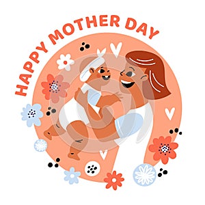 Happy Mother Day. Mom with newborn baby on arms. Smiling parent holds infant. Joy of motherhood. Family portrait. Gentle