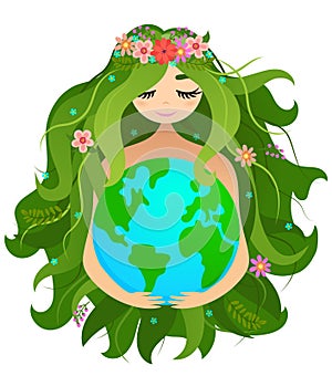 Happy Mother Earth Day  - vector Planet Earth and beautiful Mother drawing with flower wreath.