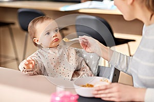 Happy mother feeding baby with puree at home