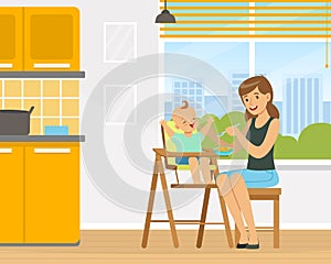 Happy Mother Feeding Baby Sitting on High Chair with Spoon Vector Illustration