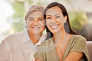 Happy, mother and grandmother portrait smile for family, bonding or mothers day relax at home. Mama and grandma smiling