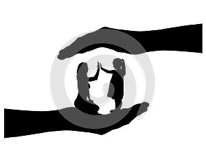 The happy mother of her daughter is protected in big hands. Vector Silhouette