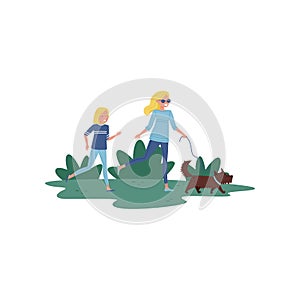 Happy mother and her little daughter running with dog in park. Active lifestyle. Family day. Flat vector design