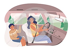 Happy mother with her son sitting inside car, flat vector illustration. Road trip. Summer vacation.