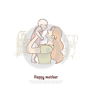 Happy mother holding newborn child, cheerful lady playing with toddler, female happiness, babysitting, parenting banner