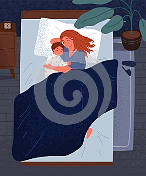 Happy mother hugging little child, sleeping together in bedroom Cute relaxed family lying on comfy bed under blanket at