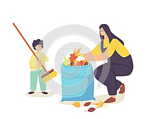 Happy Mother and Little Baby Collecting Fallen Autumn Leaves into Bag. Family Characters Cleaning Backyard Having Fun