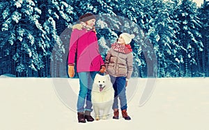 Happy mother looking at son child while walking with white Samoyed dog in snowy winter park on woods background