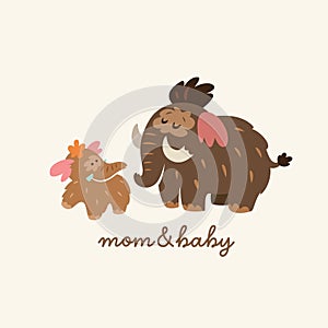 Happy mother mammoth with her baby. Cartoon logotype. Vector illustration