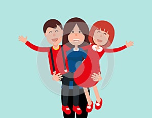 Happy Mother. Mommy holding his son and daughter. Concept family vector illustration