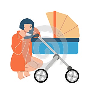 Happy mother with pram. Mom crouched in stroller with newborn. Vector illustration character smiling women