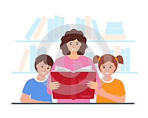 Happy Mother reads book to children vector illustration.