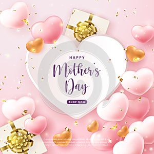 Happy mother`s day 3D pink love heart and present gift box with golden ribbon flower