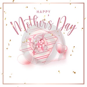 Happy mother`s day 3D pink love heart and present gift box with ribbon flower
