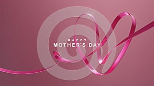 Happy mother`s day 3d realistic background illustration with pink heart shaped ribbon vector