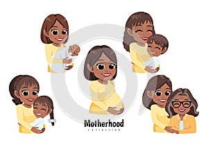 Happy Mother`s Day with American African moms with their children of different ages, pregnant woman
