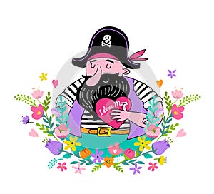 Happy Mother`s Day Background, banner and illustration with pirate holding heart and flowers