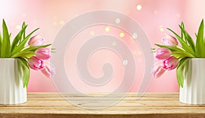 Happy Mother`s day background with beautiful tulip flowers  on wooden table