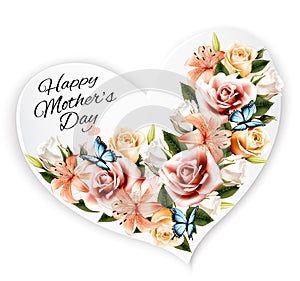 Happy Mother`s Day background with beauty flowers and heart-shaped  note