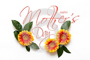 Happy Mother`s Day Background. Flat lay greeting card with beautiful gerbera flowers on white background.