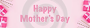 Happy Mother`s Day background with gifts and paper straws on table top view. Flat lay style, overhead, mockup, template, copy