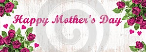 Happy Mother`s day background panorama banner - Bunch bouquet of pink roses and hearts on rustic vintage white bright wooden