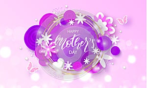 Happy Mother`s Day - banner. Beautiful Background with flowers and butterflies. Vector Illustration.