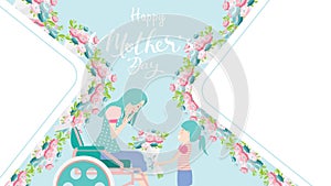 Happy mother`s day banner. Child daughter congratulates disabled mum in wheelchair and gives her flowers tulips. Colorful vector