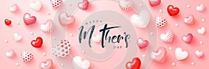 Happy mother`s day banner with cute 3d hearts. Template design for postcard, flyer,poster, invitation.Vector