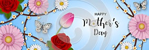 Happy mother`s day banner with flowers and butterflies