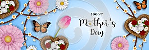 Happy mother`s day banner with flowers, butterflies and heart shaped nests