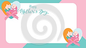 Happy mother`s day banner. Mum laughing, smiling, holding and hugging her baby with forming of heart shape or love symbol.