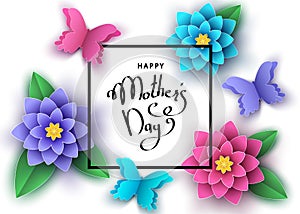 Happy mother`s day banner with paper abstract flowers, butterf