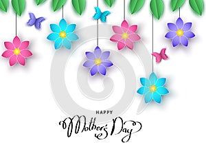 Happy mother`s day banner with paper cut flowers and butterfli