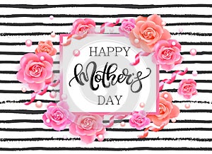 Happy mother`s day banner with pink roses