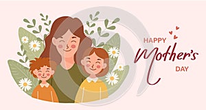 Happy Mother's Day banner. Young woman mother with children, son and daughter. Flat illustration in cartoon style