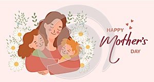 Happy Mother's Day banner. Young woman mother with children, son and daughter. Flat illustration in cartoon style