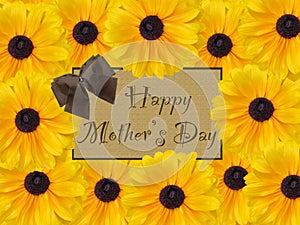 Happy Mother's Day brown rustic card with yellow daisy flower background